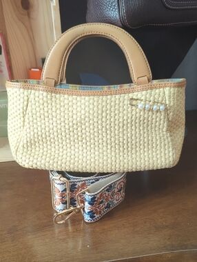 Fossil Mini Woven Straw Tote, Linen Interior And Guitar Crossbody Strap.